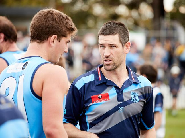 Sturt Coach Martin Mattner at quarter time at Unley Oval, in the match between Sturt and Glenelg, Saturday, May 26, 2018. (AAP Image/MATT LOXTON)