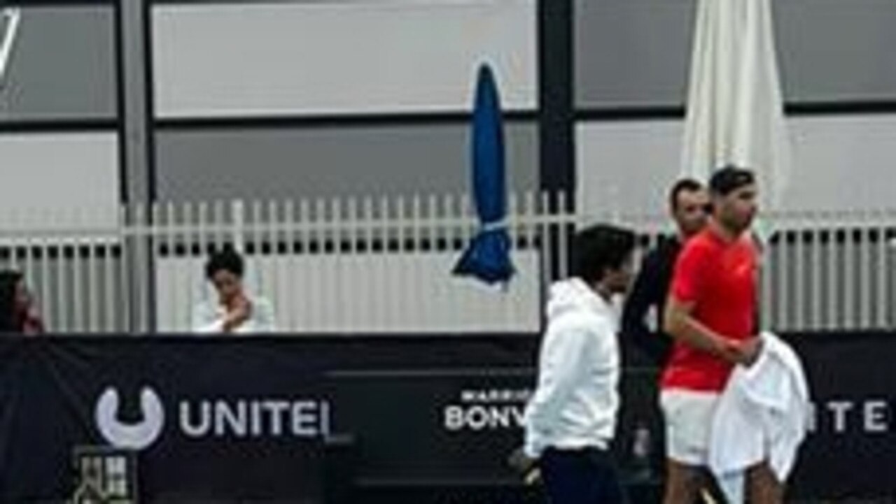 Rafael Nadal’s newborn, baby Rafa, and wife, Mery Perello, watch on as he plays a practice session at Sydney’s Olympic Park for the United Cup.