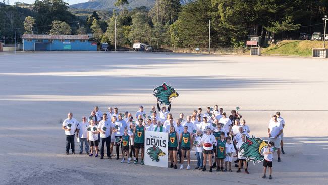 West Coast Football community on the famous 'gravel' oval of Queenstown during the unveiling of the Tasmania Devils Football Club. Picture: Grant Wells/Solstice Digital.