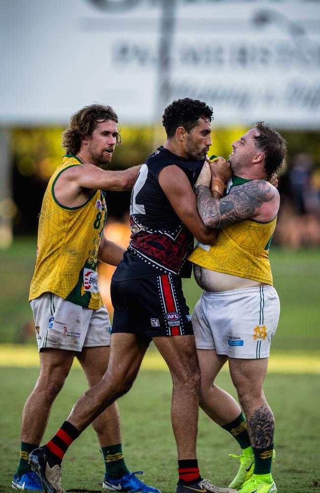 Marlion Pickett and Jack Landt as St Mary's took on the Tiwi Bombers in the 2024-25 NTFL men's semi-final. Picture: Pema Tamang Pakhrin