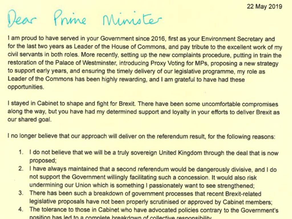 Andrea Leadsom's resignation letter to Theresa May. Picture: Andrea Leadsom/Twitter