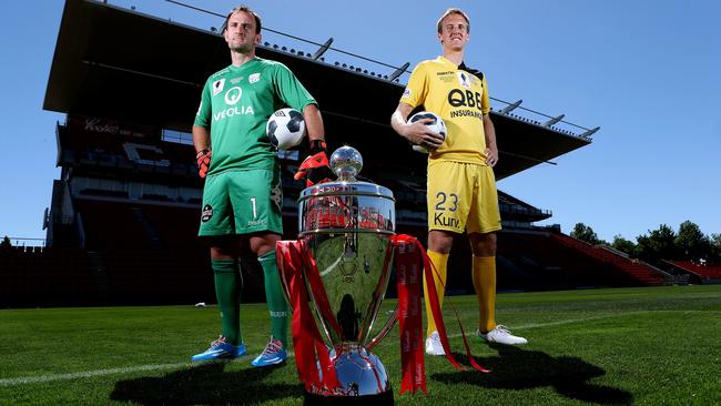 Former Adelaide United captain Eugene Galekovic and ex-Perth Glory skipper Michael Thwaite before the 2014 FFA Cup final. Picture: Sarah Reed