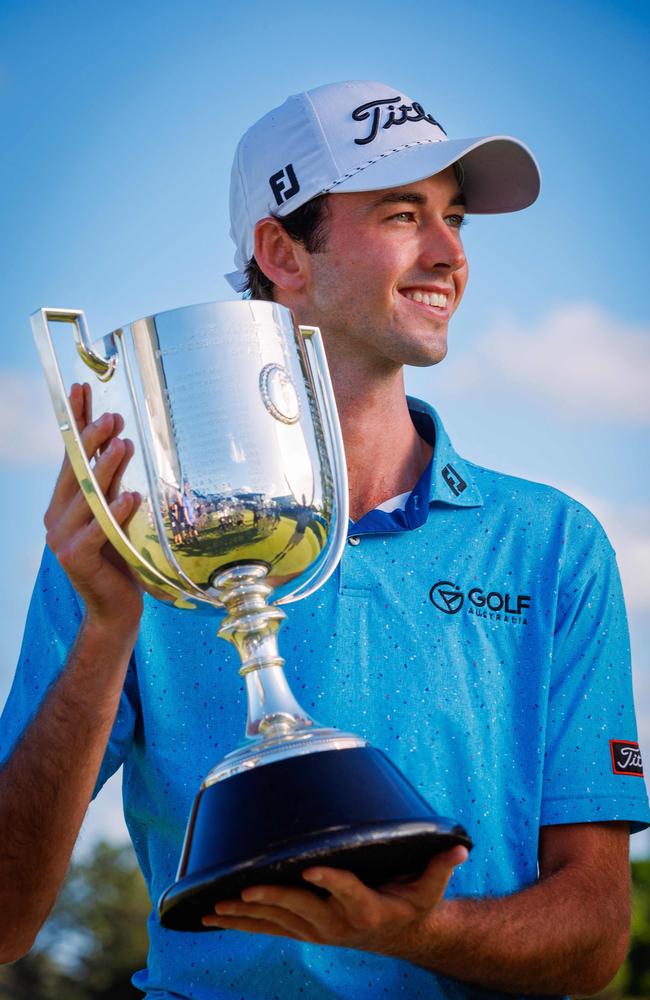 Elvis Smylie holds the Joe Kirkwood Cup after winning the Australian PGA Championship. Picture: AFP