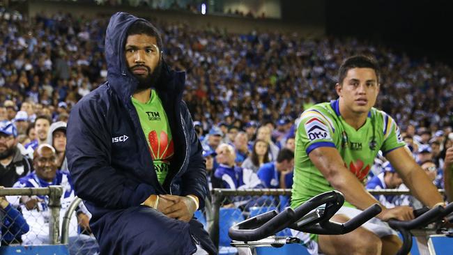 Canberra's Frank Paul Nuuausala was on excercise bike when a glass bottle was thrown in his direction during NRL match Canterbury Bulldogs v Canberra Raiders at Belmore Sports Ground. Picture. Phil Hillyard