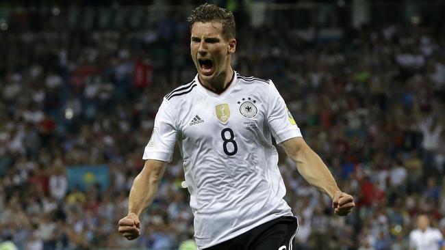 FILE - In this June 29, 2017 file photo Germany's Leon Goretzka celebrates after scoring his side's second goal during the Confederations Cup, semifinal soccer match between Germany and Mexico, at the Fisht Stadium in Sochi, Russia. FC Bayern Munich has signed the forward, his current club FC Schalke 04 confirmed Friday, Jan 19, 2018.  (AP Photo/Thanassis Stavrakis, file)