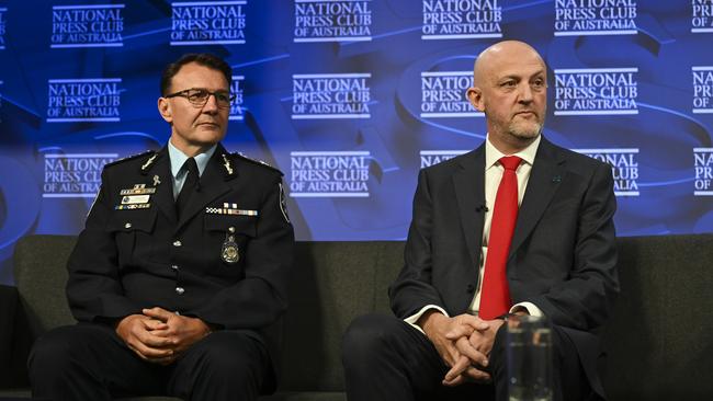 AFP Commissioner Reece Kershaw and ASIO Director-General Mike Burgess addressed the National Press Club on Wednesday. Picture: NCA NewsWire / Martin Ollman