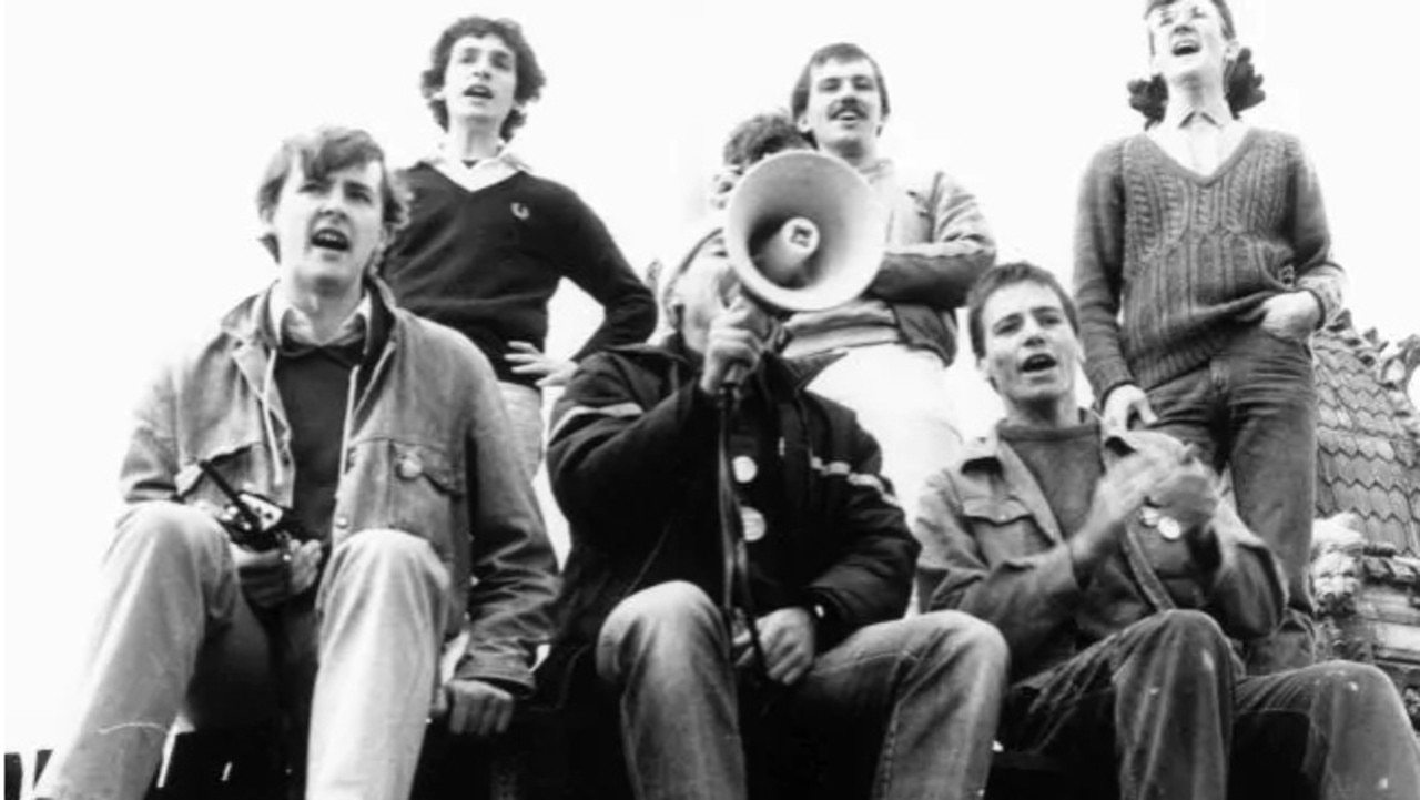 Anthony Albanese (bottom left) leading a student protest on top of the University of Sydney clock tower during his time at the university.