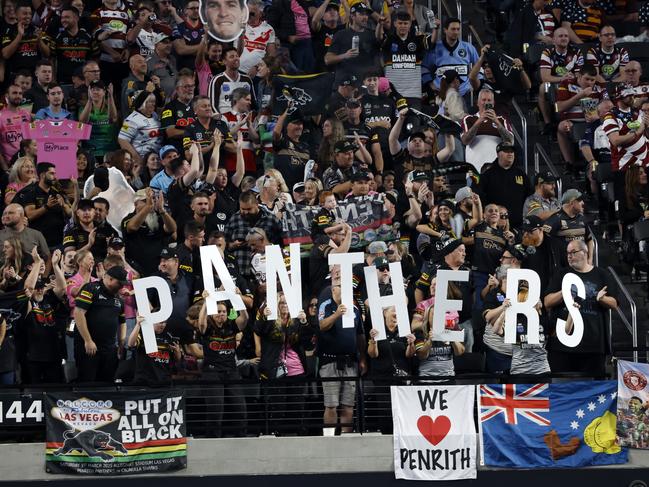 DAILY TELEGRAPH MARCH 1. Panthers fans during the NRL Round 1 game between Penrith Panthers and Cronulla Sharks at Allegiant Stadium in Las Vegas. Picture: Jonathan Ng