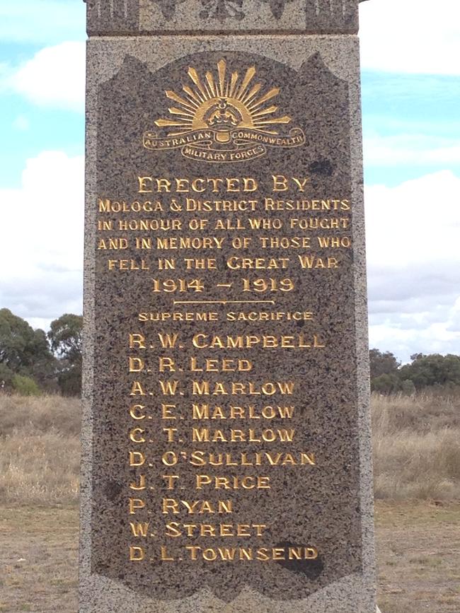 Sarah’s sons Albert, Charlie and George Marlow’s names are listed on the war memorial at Mologa, Victoria.