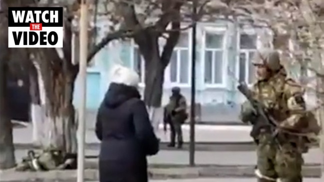 Ukrainian woman's confrontation with an invading Russian soldier