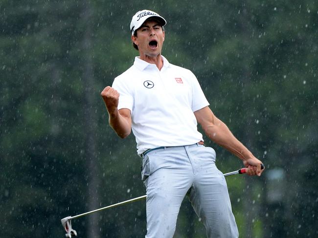 AUGUSTA, GA - APRIL 14:  Adam Scott of Australia celebrates after making a birdie on the 18th hole during the final round of the 2013 Masters Tournament at Augusta National Golf Club on April 14, 2013 in Augusta, Georgia.  (Photo by Harry How/Getty Images)