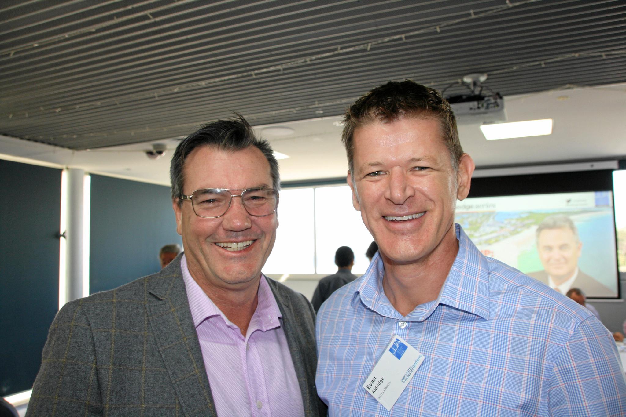 Michael Shadforth and Evan Aldridge at the Urban Development Institute of Australia (Qld) breakfast at Maroochydore Surf Club last Friday. Picture: Erle Levey