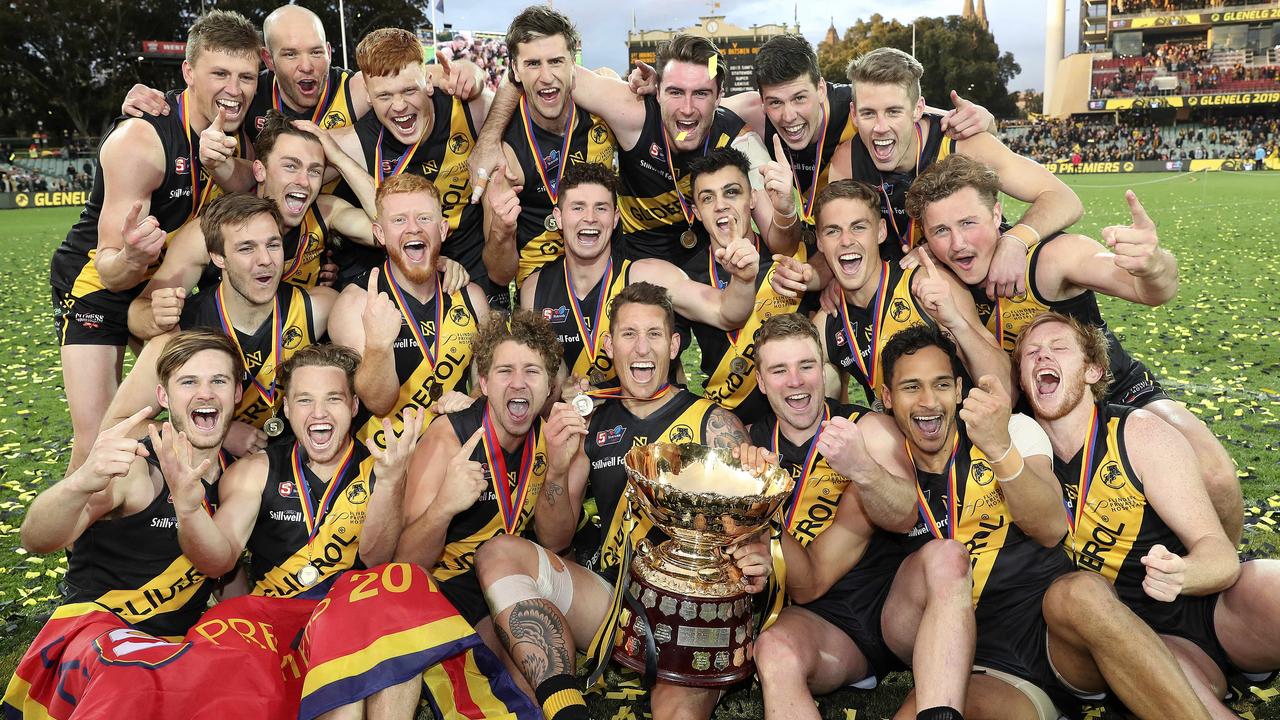 PREMIERS: Glenelg celebrates its 2019 grand final triumph against Port Adelaide. Picture: SARAH REED.