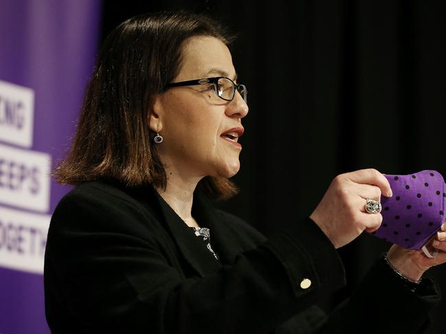 Victorian Health Minister Jenny Mikakos shows her face mask. Picture : NCA NewsWire / Ian Currie