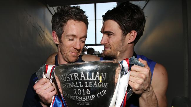 Bob Murphy and Easton Wood after the Bulldogs’ 2016 premiership. Picture: Michel Klein