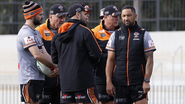 Benji Marshall (right) during Tigers training at Concord Oval. Picture: Jonathan Ng