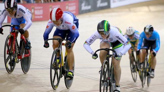 Anna Meares, right, powers home to take second place behind Shuang Guo of China in womens keirin final during the 2015 UCI Track Cycling World Cup. Picture: Phil Walter (Getty Images)