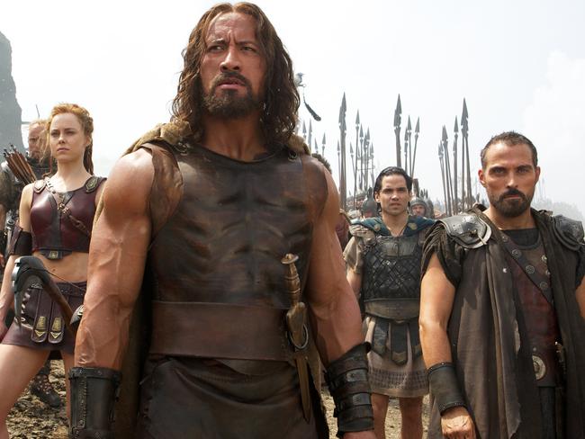 This image released by Paramount Pictures shows, from left, Aksel Hennie as Tydeus, Ingrid Bolsø Berdal as Atalanta, Dwayne Johnson as Hercules, Reece Ritchie as Iolaus, and Rufus Sewell as Autolycus in a scene from 