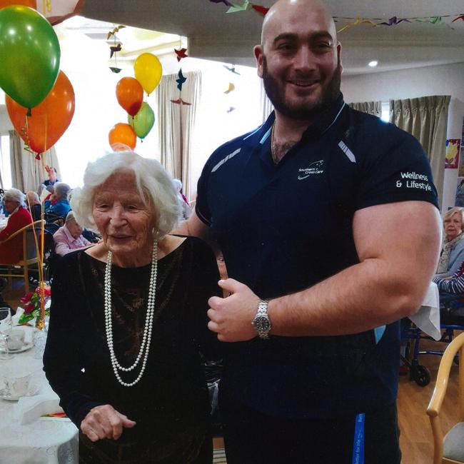 Catherina van der Linden, who turns 110 this week, heads to the gym twice a week. She is pictured here with one of her trainers. Picture supplied.