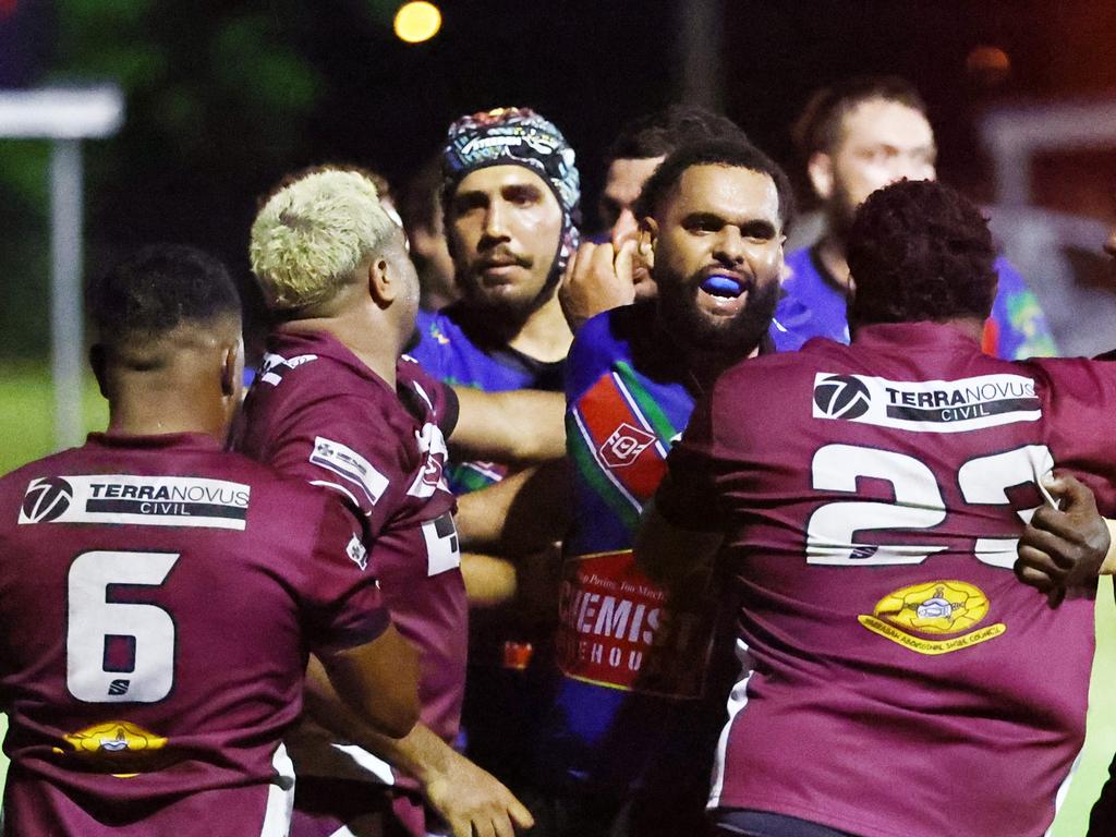 A scuffle breaks out in the Far North Queensland Rugby League (FNQRL) Men's minor semi final match between the Innisfail Leprechauns and the Yarrabah Seahawks, held at Smithfield Sporting Complex. Picture: Brendan Radke