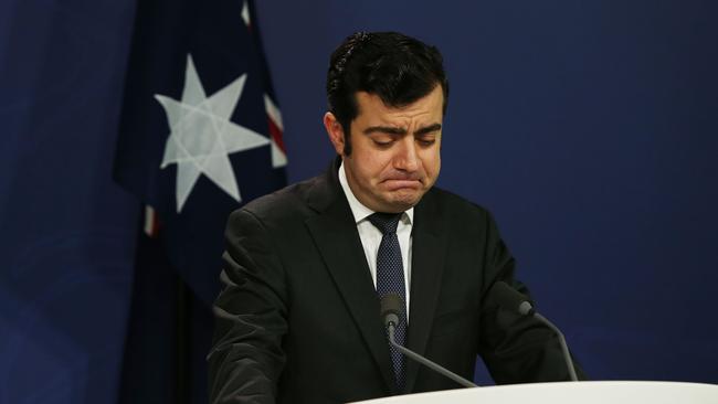 An emotional Sam Dastyari resigns from Parliament at a press conference in Sydney yesterday. Picture: John Feder