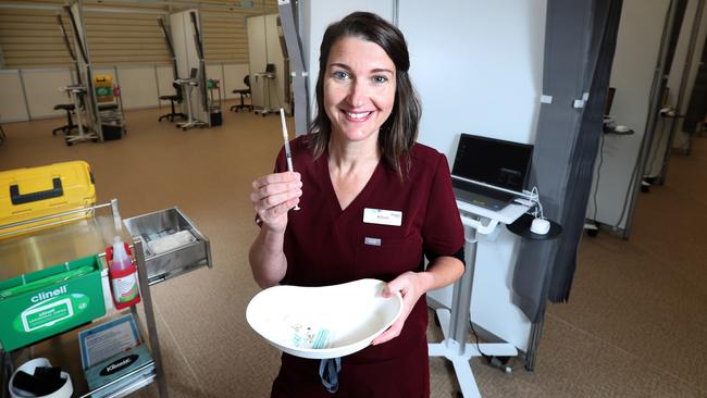 Allison Lamb, Nurse Unit Manager from Western Health COVID Vaccination hub at the new vaccination site is at Melbourne Showgrounds. Picture Rebecca Michael.