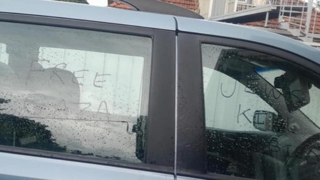 Anti-Semitic and pro-Palestinian graffiti was scrawled on the Block’s car. Picture: Supplied