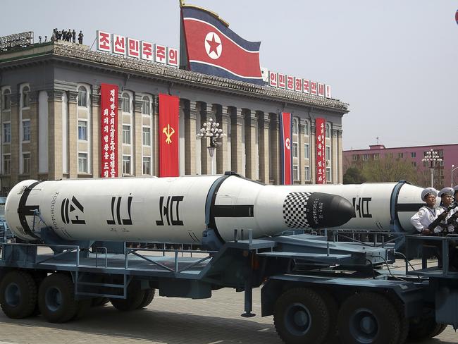 A submarine-launched ballistic missile is displayed in Kim Il-sung Square during a military parade in Pyongyang, North Korea. Picture: AP Photo/Wong Maye-E, File