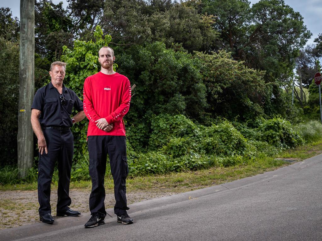 Peter and Ryan stand on the spot where Ryan was hit while riding his bike. Picture: Jake Nowakowski