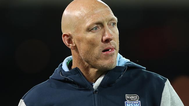 ADELAIDE, AUSTRALIA - NOVEMBER 04: Members of the Blues coaching team Danny Buderus and Craig Fitzgibbon are seen during game one of the 2020 State of Origin series between the Queensland Maroons and the New South Wales Blues at the Adelaide Oval on November 04, 2020 in Adelaide, Australia. (Photo by Mark Kolbe/Getty Images)