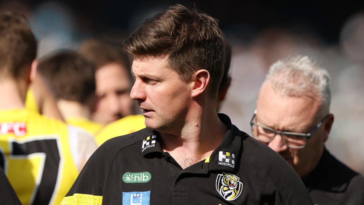 ADELAIDE, AUSTRALIA - AUGUST 27: Andrew McQualter, coach of the Tigers during the 2023 AFL Round 24 match between the Port Adelaide Power and the Richmond Tigers at Adelaide Oval on August 27, 2023 in Adelaide, Australia. (Photo by Sarah Reed/AFL Photos via Getty Images)