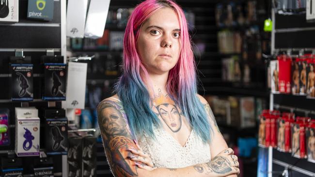 Love Heart Adult Shop manager Ash says the James St business has harnessed social media to clamp down on shoplifting, Tuesday, March 8, 2022. Picture: Kevin Farmer