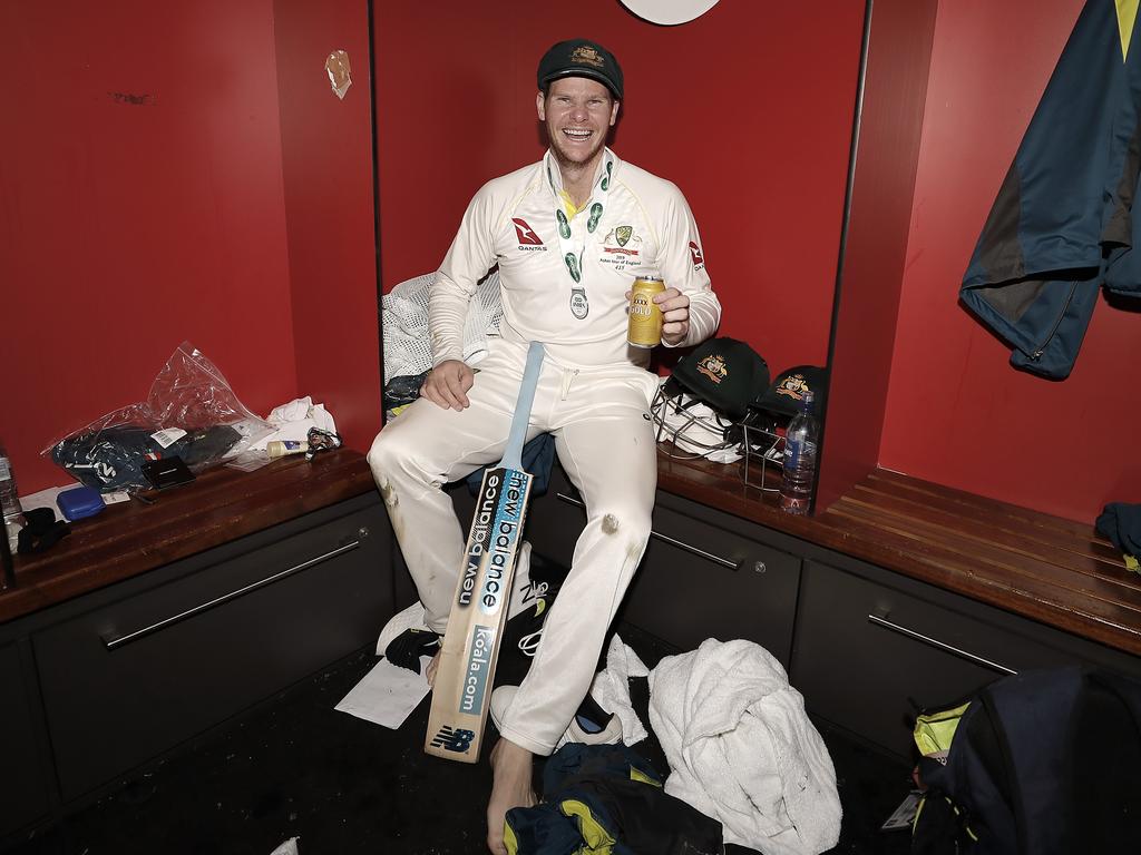 MANCHESTER, ENGLAND - SEPTEMBER 08: Steve Smith of Australia celebrate in the change rooms after Australia claimed victory to retain the Ashes during day five of the 4th Specsavers Test between England and Australia at Old Trafford on September 08, 2019 in Manchester, England. (Photo by Ryan Pierse/Getty Images)