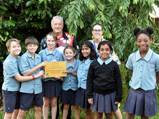 Good Shepherd Lutheran College Leanyer's eco-committee alongside Keep Australia Beautiful Council NT CEO Heimo Schober and eco-schools coordinator Angele Beukes.