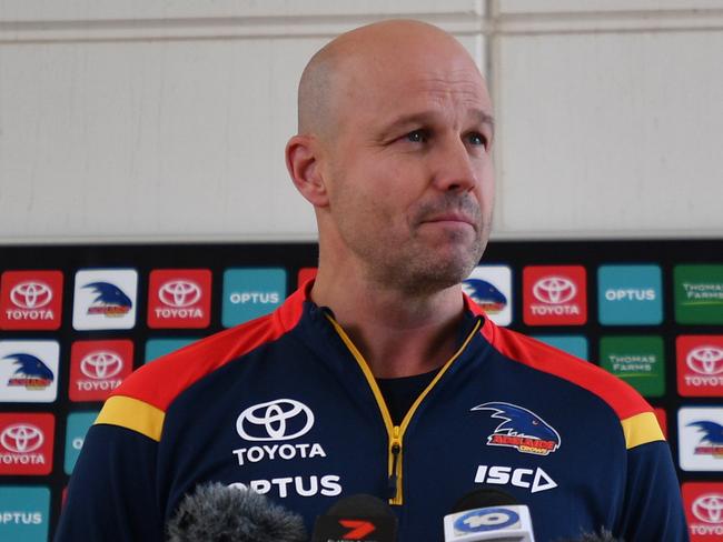 Crows Coach Matthew Nicks speaks to the media during a press conference at the club's West lakes headquarters in Adelaide, Monday, May 18, 2020. (AAP Image/David Mariuz) NO ARCHIVING