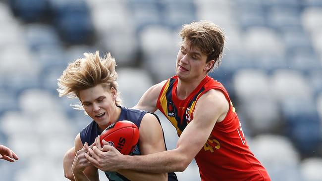 Harry Barnett (right) is one of the best rucks in the talent pool. Picture: AFL Photos/Getty Images