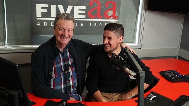 Former Seven newsreader Graeme Goodings with son, FIVEaa brekkie co-host Will Goodings, at the FIVEaa studios. Picture: Dylan Coker.