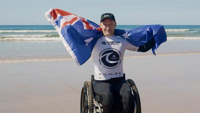 Para Surfer Joel Taylor celebrating his win at the Australian Para Surfing Titles in August 2023. Photo: Surfing Australia