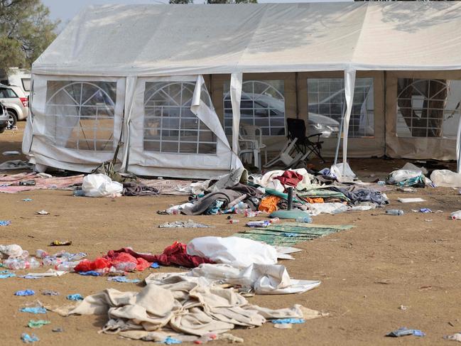 A picture taken on October 10, 2023 shows the tents at the Supernova desert music festival where young people were shot dead by Palestinian militants. Picture: AFP