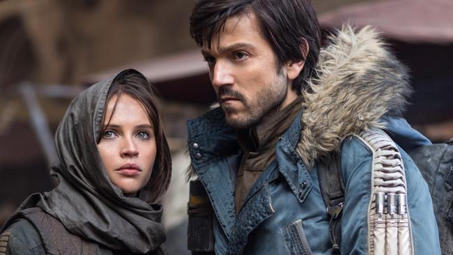 Diego Luna as Cassian Andor, and Felicity Jones as Jyn Erso, in the Star Wars film Rogue One, for which Andor is a prequel.