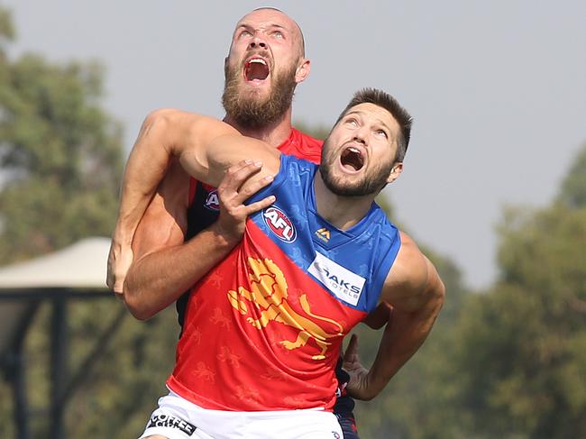 Melbourne v Brisbane Lions at Casey Fields, Cranbourne. 09/03/2019 .   Brisbane Lions' Stefan Martin and Melbourne's Max Gawn do battle    . Pic: Michael Klein