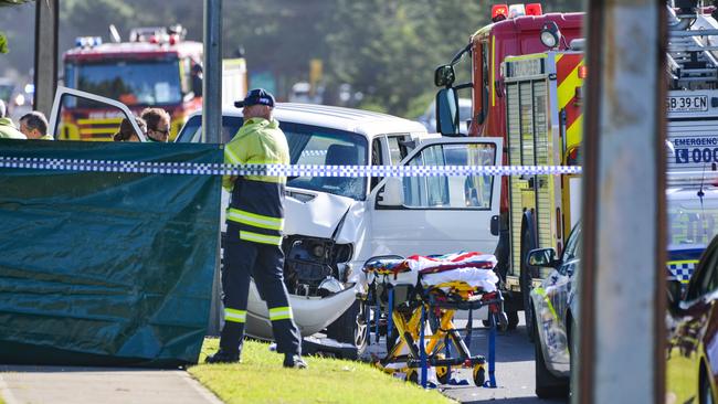 Emergency services at the accident scene on Military Rd, West Beach. Picture: AAP / Brenton Edwards