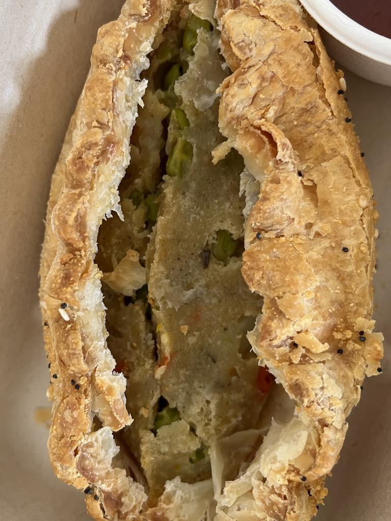 Sue’s late husband was served this unappetising vegetarian pasty served in an aged care home. Picture: Supplied