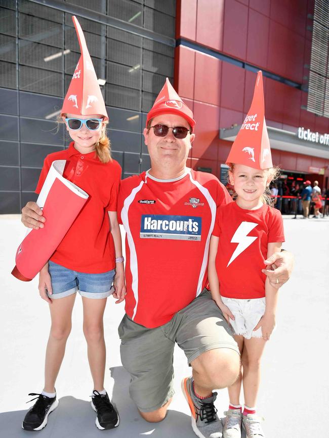 Georgia, Shannon and Chloe Meyer at Roosters V Dolphins, Suncorp Stadium. Picture: Patrick Woods.