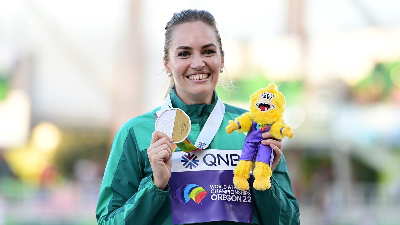 Gold medallist Kelsey-Lee Barber at the World Athletics Championships. Photo by Hannah Peters/Getty Images for World Athletics.