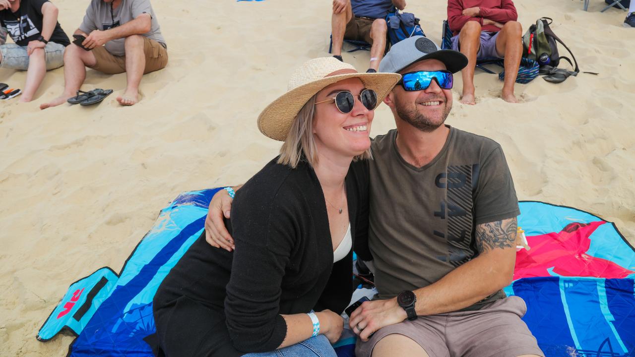 Casey and Daniel Bell enjoying the inaugural Pacific Air Show over Surfers Paradise. Picture: Glenn Campbell