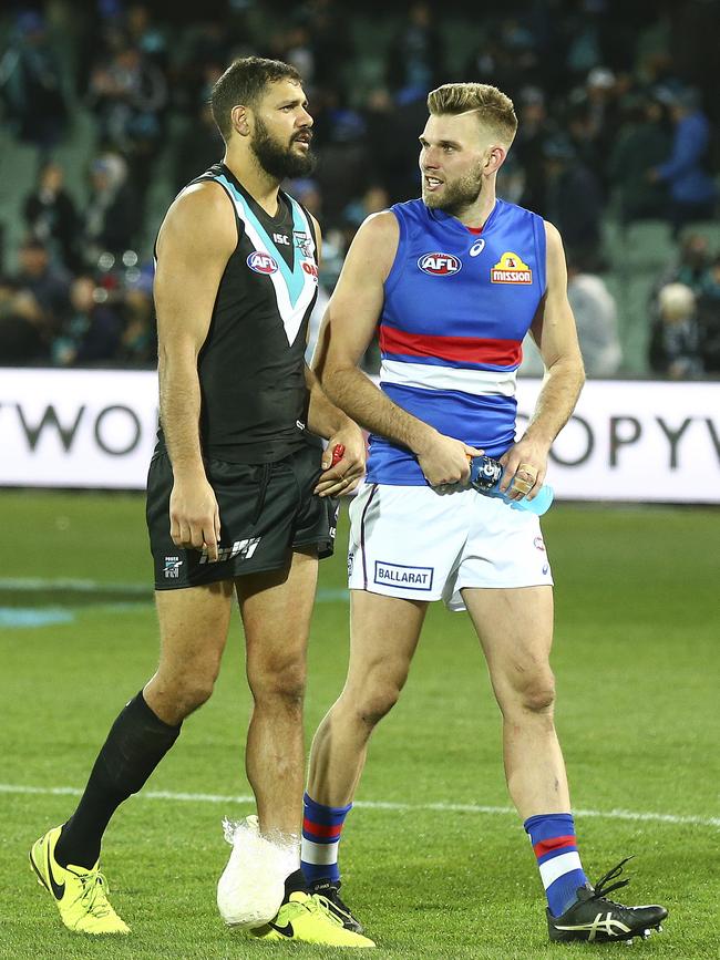 Paddy Ryder chats with former Power player turned Bulldog Jackson Trengove earlier this season. Picture SARAH REED