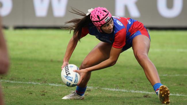 Newcastle’s Malaki Poa fires out a pass during the Tarsha Gale Cup grand final at CommBank Stadium. Picture: Warren Gannon Photography