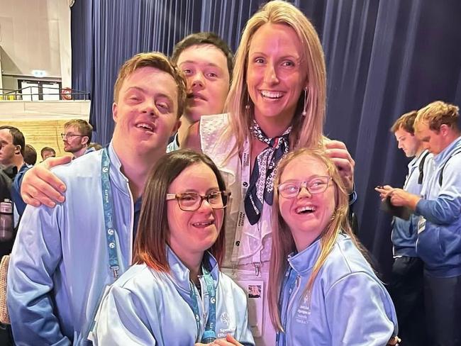 Emily Caska with Ashley Kuhle (left) Ellen Maher, Zac Fry (left) and Mitch Byrne at the Special Olympic National Games in Tasmania last year. Picture: Supplied