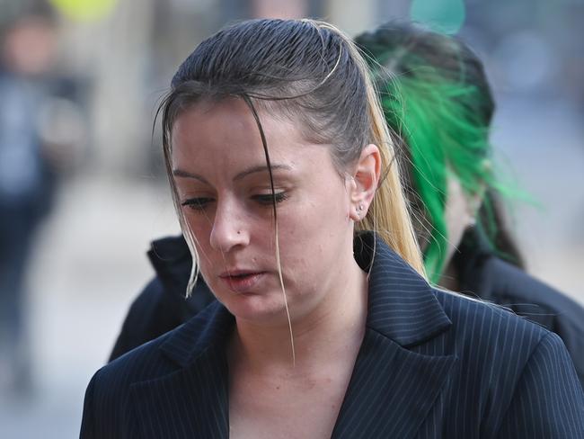 16/7/24. Anastasia Marshall ( Black Blazer ) outside the Adelaide Magistrates Court today .  charged with assisting in the  murder of  Krystal Marshall. Picture: Keryn Stevens